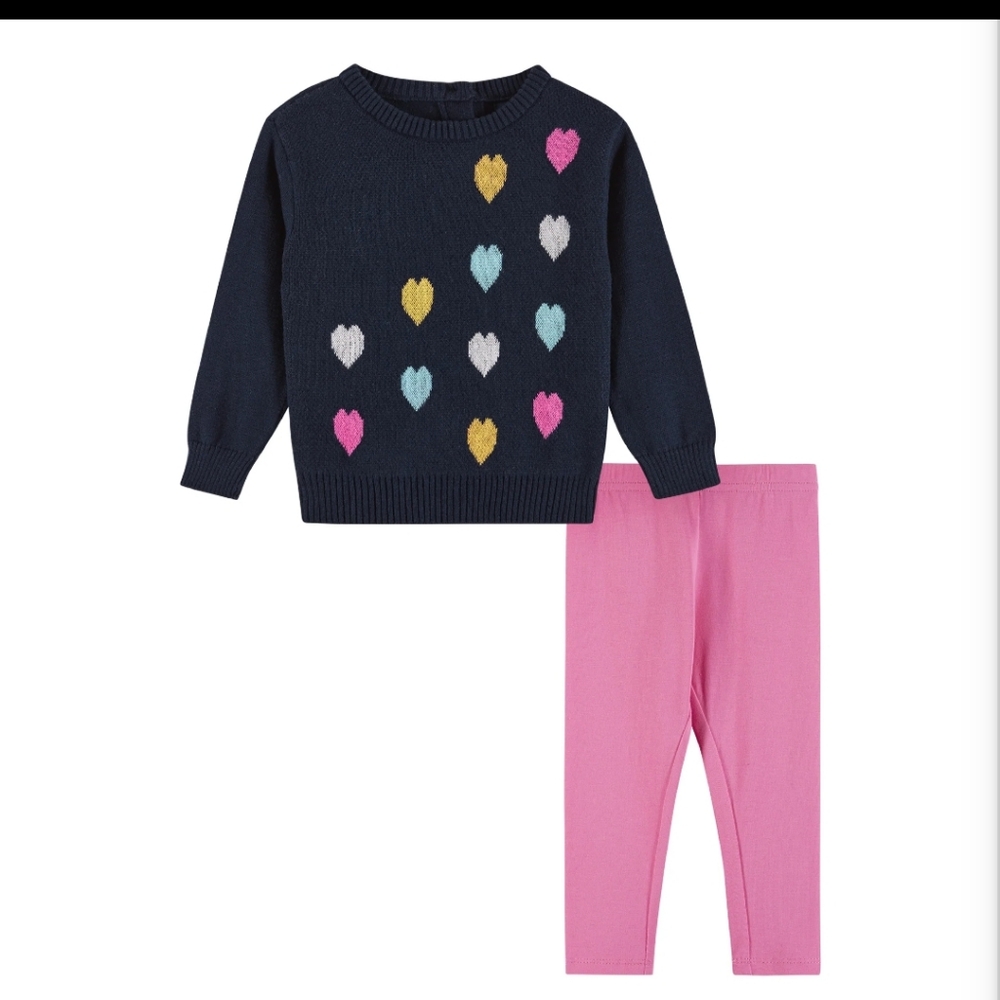 NWT Navy Heart Sweater and Pink Leggings Set By‎ Andy And Evan 2T - Picture 2 of 7